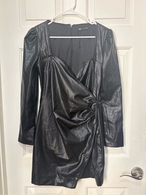 Zara Black Faux Leather Wrap Mini Dress